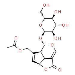 ChemSpider 2D Image | [(2aS,4aS,5S,7bS)-5-(alpha-D-Glucopyranosyloxy)-1-oxo-2a,4a,5,7b-tetrahydro-1H-2,6-dioxacyclopenta[cd]inden-4-yl]methyl acetate | C18H22O11