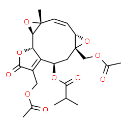 ChemSpider 2D Image | (1aR,1bS,5R,6aS,7aS,8Z,9aR)-4,6a-Bis(acetoxymethyl)-9a-methyl-3-oxo-1a,1b,3,5,6,6a,7a,9a-octahydrobisoxireno[5,6:9,10]cyclodeca[1,2-b]furan-5-yl 2-methylpropanoate | C23H28O10