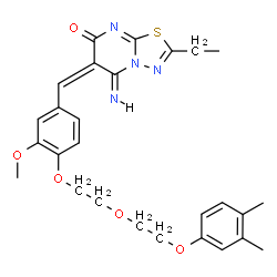 ChemSpider 2D Image | (5Z,6E)-6-(4-{2-[2-(3,4-Dimethylphenoxy)ethoxy]ethoxy}-3-methoxybenzylidene)-2-ethyl-5-imino-5,6-dihydro-7H-[1,3,4]thiadiazolo[3,2-a]pyrimidin-7-one | C27H30N4O5S