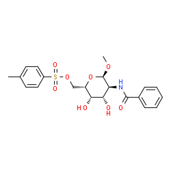 ChemSpider 2D Image | Methyl 2-(benzoylamino)-2-deoxy-6-O-[(4-methylphenyl)sulfonyl]-alpha-L-galactopyranoside | C21H25NO8S