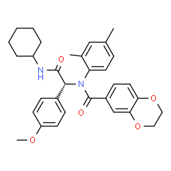 ChemSpider 2D Image | N-[(1R)-2-(Cyclohexylamino)-1-(4-methoxyphenyl)-2-oxoethyl]-N-(2,4-dimethylphenyl)-2,3-dihydro-1,4-benzodioxine-6-carboxamide | C32H36N2O5