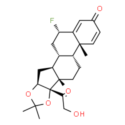 ChemSpider 2D Image | (4aR,4bR,6aS,6bS,9aS,10aS,10bR,12S)-12-Fluoro-6b-glycoloyl-4a,6a,8,8-tetramethyl-4a,4b,5,6,6a,6b,9a,10,10a,10b,11,12-dodecahydro-2H-naphtho[2',1':4,5]indeno[1,2-d][1,3]dioxol-2-one | C24H31FO5