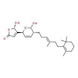 ChemSpider 2D Image | (5S)-5-Hydroxy-4-{(2S,5R,6S)-6-hydroxy-5-[(3E)-4-methyl-6-(2,6,6-trimethyl-1-cyclohexen-1-yl)-3-hexen-1-yl]-5,6-dihydro-2H-pyran-2-yl}-2(5H)-furanone | C25H36O5