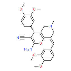 ChemSpider 2D Image | (4R,8Z)-2-Amino-8-(3,4-dimethoxybenzylidene)-4-(3,4-dimethoxyphenyl)-6-methyl-5,6,7,8-tetrahydro-4H-pyrano[3,2-c]pyridine-3-carbonitrile | C27H29N3O5