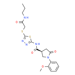 ChemSpider 2D Image | (3S)-1-(2-Methoxyphenyl)-5-oxo-N-(5-{[2-oxo-2-(propylamino)ethyl]sulfanyl}-1,3,4-thiadiazol-2-yl)-3-pyrrolidinecarboxamide | C19H23N5O4S2