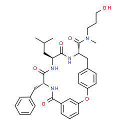 ChemSpider 2D Image | (10R,13S,16S)-10-Benzyl-N-(3-hydroxypropyl)-13-isobutyl-N-methyl-8,11,14-trioxo-2-oxa-9,12,15-triazatricyclo[16.2.2.1~3,7~]tricosa-1(20),3(23),4,6,18,21-hexaene-16-carboxamide | C35H42N4O6