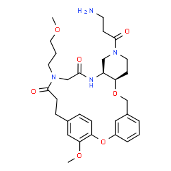 ChemSpider 2D Image | (10R,15S)-13-(3-Aminopropanoyl)-25-methoxy-19-(3-methoxypropyl)-2,9-dioxa-13,16,19-triazatetracyclo[21.2.2.1~3,7~.0~10,15~]octacosa-1(25),3(28),4,6,23,26-hexaene-17,20-dione | C31H42N4O7