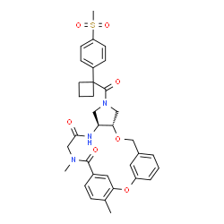 ChemSpider 2D Image | (10S,14S)-18,23-Dimethyl-12-({1-[4-(methylsulfonyl)phenyl]cyclobutyl}carbonyl)-2,9-dioxa-12,15,18-triazatetracyclo[18.3.1.1~3,7~.0~10,14~]pentacosa-1(24),3(25),4,6,20,22-hexaene-16,19-dione | C34H37N3O7S