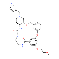 ChemSpider 2D Image | (10S,15S)-25-(2-Methoxyethoxy)-12-(1H-pyrazol-3-ylmethyl)-2,9-dioxa-12,16,18,21-tetraazatetracyclo[21.3.1.1~3,7~.0~10,15~]octacosa-1(27),3(28),4,6,23,25-hexaene-17,22-dione | C29H36N6O6
