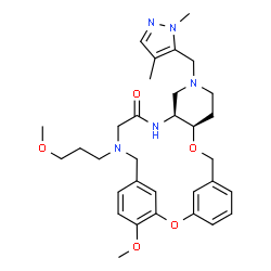ChemSpider 2D Image | (10R,15S)-13-[(1,4-Dimethyl-1H-pyrazol-5-yl)methyl]-24-methoxy-19-(3-methoxypropyl)-2,9-dioxa-13,16,19-triazatetracyclo[19.3.1.1~3,7~.0~10,15~]hexacosa-1(25),3(26),4,6,21,23-hexaen-17-one | C32H43N5O5