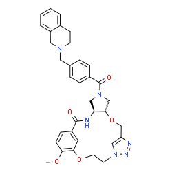 ChemSpider 2D Image | (4S,8S)-6-[4-(3,4-Dihydro-2(1H)-isoquinolinylmethyl)benzoyl]-19-methoxy-9,17-dioxa-3,6,12,13,14-pentaazatetracyclo[16.3.1.1~11,14~.0~4,8~]tricosa-1(22),11(23),12,18,20-pentaen-2-one | C34H36N6O5