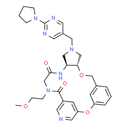 ChemSpider 2D Image | (10S,14S)-18-(2-Methoxyethyl)-12-{[2-(1-pyrrolidinyl)-5-pyrimidinyl]methyl}-2,9-dioxa-12,15,18,22-tetraazatetracyclo[18.3.1.1~3,7~.0~10,14~]pentacosa-1(24),3(25),4,6,20,22-hexaene-16,19-dione | C31H37N7O5
