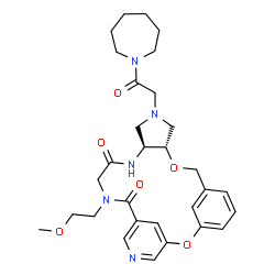 ChemSpider 2D Image | (10S,14S)-12-[2-(1-Azepanyl)-2-oxoethyl]-18-(2-methoxyethyl)-2,9-dioxa-12,15,18,22-tetraazatetracyclo[18.3.1.1~3,7~.0~10,14~]pentacosa-1(24),3(25),4,6,20,22-hexaene-16,19-dione | C30H39N5O6