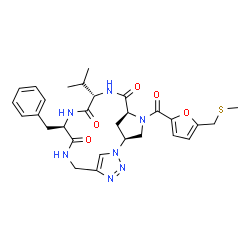 ChemSpider 2D Image | (2S,5S,8S,11R)-11-Benzyl-8-isopropyl-4-{5-[(methylsulfanyl)methyl]-2-furoyl}-1,4,7,10,13,16,17-heptaazatricyclo[13.2.1.1~2,5~]nonadeca-15(18),16-diene-6,9,12-trione | C29H35N7O5S