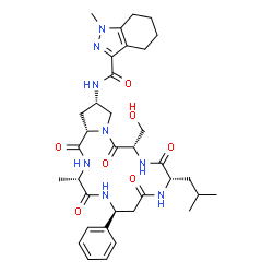 ChemSpider 2D Image | N-[(3S,6S,10S,13S,17S,18aS)-13-(Hydroxymethyl)-10-isobutyl-3-methyl-1,4,8,11,14-pentaoxo-6-phenyloctadecahydropyrrolo[2,1-f][1,4,7,10,13]pentaazacyclohexadecin-17-yl]-1-methyl-4,5,6,7-tetrahydro-1H-in
dazole-3-carboxamide | C35H48N8O7