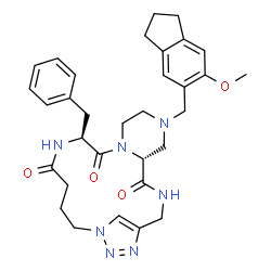 ChemSpider 2D Image | (5R,12S)-12-Benzyl-7-[(6-methoxy-2,3-dihydro-1H-inden-5-yl)methyl]-3,7,10,13,18,19,20-heptaazatricyclo[16.2.1.0~5,10~]henicosa-1(21),19-diene-4,11,14-trione | C32H39N7O4
