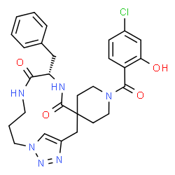 ChemSpider 2D Image | (6S)-6-Benzyl-1'-(4-chloro-2-hydroxybenzoyl)-4H,7H-spiro[5,8,12,13,14-pentaazabicyclo[10.2.1]pentadeca-1(15),13-diene-3,4'-piperidine]-4,7-dione | C28H31ClN6O4