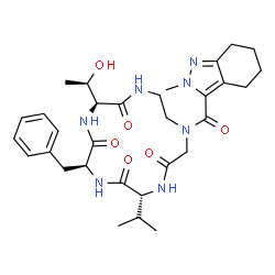 ChemSpider 2D Image | (3S,6S,9R)-6-Benzyl-3-[(1R)-1-hydroxyethyl]-9-isopropyl-13-[(2-methyl-4,5,6,7-tetrahydro-2H-indazol-3-yl)carbonyl]-1,4,7,10,13-pentaazacyclopentadecane-2,5,8,11-tetrone | C31H43N7O6