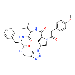 ChemSpider 2D Image | (2S,5S,8S,11R)-11-Benzyl-8-isopropyl-4-[(4-methoxyphenyl)acetyl]-1,4,7,10,13,16,17-heptaazatricyclo[13.2.1.1~2,5~]nonadeca-15(18),16-diene-6,9,12-trione | C31H37N7O5