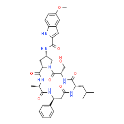 ChemSpider 2D Image | N-[(3S,6S,10S,13S,17S,18aS)-13-(Hydroxymethyl)-10-isobutyl-3-methyl-1,4,8,11,14-pentaoxo-6-phenyloctadecahydropyrrolo[2,1-f][1,4,7,10,13]pentaazacyclohexadecin-17-yl]-5-methoxy-1H-indole-2-carboxamide | C36H45N7O8
