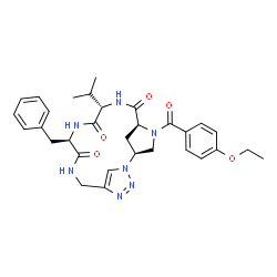 ChemSpider 2D Image | (2S,5S,8S,11R)-11-Benzyl-4-(4-ethoxybenzoyl)-8-isopropyl-1,4,7,10,13,16,17-heptaazatricyclo[13.2.1.1~2,5~]nonadeca-15(18),16-diene-6,9,12-trione | C31H37N7O5