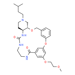 ChemSpider 2D Image | (10S,15S)-25-(2-Methoxyethoxy)-12-(3-methylbutyl)-2,9-dioxa-12,16,18,21-tetraazatetracyclo[21.3.1.1~3,7~.0~10,15~]octacosa-1(27),3(28),4,6,23,25-hexaene-17,22-dione | C30H42N4O6