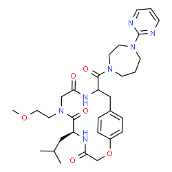ChemSpider 2D Image | (6S)-6-Isobutyl-8-(2-methoxyethyl)-12-{[4-(2-pyrimidinyl)-1,4-diazepan-1-yl]carbonyl}-2-oxa-5,8,11-triazabicyclo[12.2.2]octadeca-1(16),14,17-triene-4,7,10-trione | C31H43N7O6