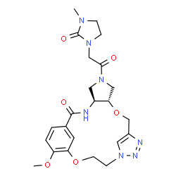 ChemSpider 2D Image | (4S,8S)-19-Methoxy-6-[(3-methyl-2-oxo-1-imidazolidinyl)acetyl]-9,17-dioxa-3,6,12,13,14-pentaazatetracyclo[16.3.1.1~11,14~.0~4,8~]tricosa-1(22),11(23),12,18,20-pentaen-2-one | C23H29N7O6