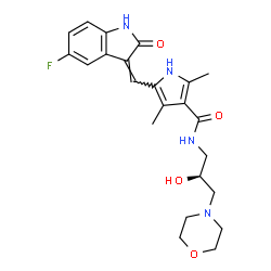 ChemSpider 2D Image | 5-[(Z)-(5-Fluoro-2-oxo-1,2-dihydro-3H-indol-3-ylidene)methyl]-N-[(2S)-2-hydroxy-3-(4-morpholinyl)propyl]-2,4-dimethyl-1H-pyrrole-3-carboxamide | C23H27FN4O4