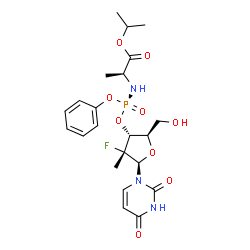 ChemSpider 2D Image | Isopropyl (2S)-2-{[(S)-{[(2R,3R,4R,5R)-5-(2,4-dioxo-3,4-dihydro-1(2H)-pyrimidinyl)-4-fluoro-2-(hydroxymethyl)-4-methyltetrahydro-3-furanyl]oxy}(phenoxy)phosphoryl]amino}propanoate (non-preferred name) | C22H29FN3O9P