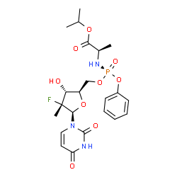 ChemSpider 2D Image | Isopropyl (2R)-2-{[(R)-{[(2R,3R,4R,5R)-5-(2,4-dioxo-3,4-dihydro-1(2H)-pyrimidinyl)-4-fluoro-3-hydroxy-4-methyltetrahydro-2-furanyl]methoxy}(phenoxy)phosphoryl]amino}propanoate (non-preferred name) | C22H29FN3O9P