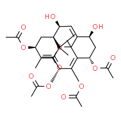 ChemSpider 2D Image | (2R,5S,7S,8E,10S,11R,13S)-8-(Acetoxymethyl)-7,10-dihydroxy-4,14,15,15-tetramethylbicyclo[9.3.1]pentadeca-1(14),3,8-triene-2,3,5,13-tetrayl tetraacetate | C30H42O12