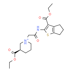ChemSpider 2D Image | (3R)-3-(Ethoxycarbonyl)-1-(2-{[3-(ethoxycarbonyl)-5,6-dihydro-4H-cyclopenta[b]thiophen-2-yl]amino}-2-oxoethyl)piperidinium | C20H29N2O5S