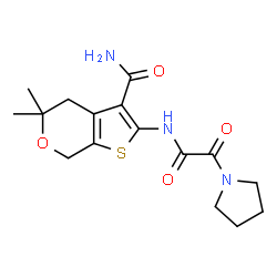 ChemSpider 2D Image | 5,5-Dimethyl-2-{[oxo(1-pyrrolidinyl)acetyl]amino}-4,7-dihydro-5H-thieno[2,3-c]pyran-3-carboxamide | C16H21N3O4S