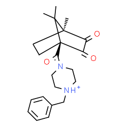 ChemSpider 2D Image | 1-Benzyl-4-{[(1S,4S)-4,7,7-trimethyl-2,3-dioxobicyclo[2.2.1]hept-1-yl]carbonyl}piperazin-1-ium | C22H29N2O3