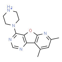 ChemSpider 2D Image | 4-(7,9-Dimethylpyrido[3',2':4,5]furo[3,2-d]pyrimidin-4-yl)piperazin-1-ium | C15H18N5O