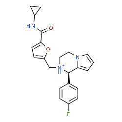 ChemSpider 2D Image | (1R)-2-{[5-(Cyclopropylcarbamoyl)-2-furyl]methyl}-1-(4-fluorophenyl)-1,2,3,4-tetrahydropyrrolo[1,2-a]pyrazin-2-ium | C22H23FN3O2