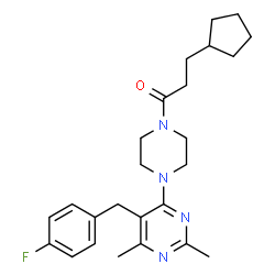 ChemSpider 2D Image | 3-Cyclopentyl-1-{4-[5-(4-fluorobenzyl)-2,6-dimethyl-4-pyrimidinyl]-1-piperazinyl}-1-propanone | C25H33FN4O