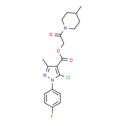 ChemSpider 2D Image | 2-(4-Methyl-1-piperidinyl)-2-oxoethyl 5-chloro-1-(4-fluorophenyl)-3-methyl-1H-pyrazole-4-carboxylate | C19H21ClFN3O3