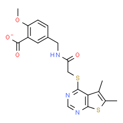 ChemSpider 2D Image | 5-[({[(5,6-Dimethylthieno[2,3-d]pyrimidin-4-yl)sulfanyl]acetyl}amino)methyl]-2-methoxybenzoate | C19H18N3O4S2