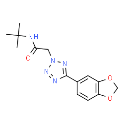 ChemSpider 2D Image | 2-[5-(1,3-Benzodioxol-5-yl)-2H-tetrazol-2-yl]-N-(2-methyl-2-propanyl)acetamide | C14H17N5O3