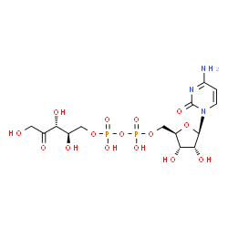ChemSpider 2D Image | [(2R,3S,4R,5R)-5-(4-Amino-2-oxo-1(2H)-pyrimidinyl)-3,4-dihydroxytetrahydro-2-furanyl]methyl (2R,3R)-2,3,5-trihydroxy-4-oxopentyl dihydrogen diphosphate (non-preferred name) | C14H23N3O15P2