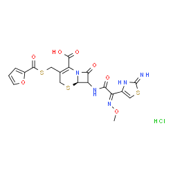 ChemSpider 2D Image | (6R)-3-[(2-Furoylsulfanyl)methyl]-7-{[(2E)-2-(2-imino-2,3-dihydro-1,3-thiazol-4-yl)-2-(methoxyimino)acetyl]amino}-8-oxo-5-thia-1-azabicyclo[4.2.0]oct-2-ene-2-carboxylic acid hydrochloride (1:1) | C19H18ClN5O7S3