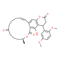 ChemSpider 2D Image | (8S,16Z)-4-(2,5-Dimethoxyphenyl)-5-hydroxy-8-methyl-4,8,9,10,11,13,14,15-octahydro-2H,6H-oxacyclotetradecino[3,4-g]chromene-2,6,12(3H)-trione | C29H32O8