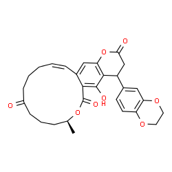 ChemSpider 2D Image | (8S,16Z)-4-(2,3-Dihydro-1,4-benzodioxin-6-yl)-5-hydroxy-8-methyl-4,8,9,10,11,13,14,15-octahydro-2H,6H-oxacyclotetradecino[3,4-g]chromene-2,6,12(3H)-trione | C29H30O8