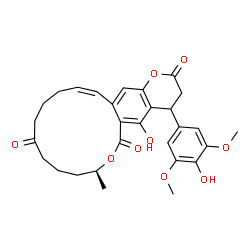 ChemSpider 2D Image | (8S,16Z)-5-Hydroxy-4-(4-hydroxy-3,5-dimethoxyphenyl)-8-methyl-4,8,9,10,11,13,14,15-octahydro-2H,6H-oxacyclotetradecino[3,4-g]chromene-2,6,12(3H)-trione | C29H32O9