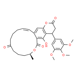 ChemSpider 2D Image | (8S,16Z)-5-Hydroxy-8-methyl-4-(3,4,5-trimethoxyphenyl)-4,8,9,10,11,13,14,15-octahydro-2H,6H-oxacyclotetradecino[3,4-g]chromene-2,6,12(3H)-trione | C30H34O9