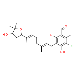 ChemSpider 2D Image | 3-Chloro-4,6-dihydroxy-5-[(2E,6E)-7-(4-hydroxy-5,5-dimethyltetrahydro-2-furanyl)-3-methyl-2,6-octadien-1-yl]-2-methylbenzaldehyde | C23H31ClO5