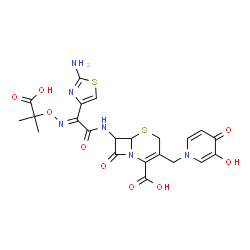 ChemSpider 2D Image | 7-{[(2E)-2-(2-Amino-1,3-thiazol-4-yl)-2-{[(2-carboxy-2-propanyl)oxy]imino}acetyl]amino}-3-[(3-hydroxy-4-oxo-1(4H)-pyridinyl)methyl]-8-oxo-5-thia-1-azabicyclo[4.2.0]oct-2-ene-2-carboxylic acid | C22H22N6O9S2