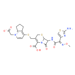 ChemSpider 2D Image | (4-{[(7-{[(2E)-2-(2-Amino-1,3-thiazol-4-yl)-2-(methoxyimino)acetyl]amino}-2-carboxy-8-oxo-5-thia-1-azabicyclo[4.2.0]oct-2-en-3-yl)methyl]sulfanyl}-6,7-dihydro-5H-cyclopenta[b]pyridinium-1-yl)acetate | C24H24N6O7S3